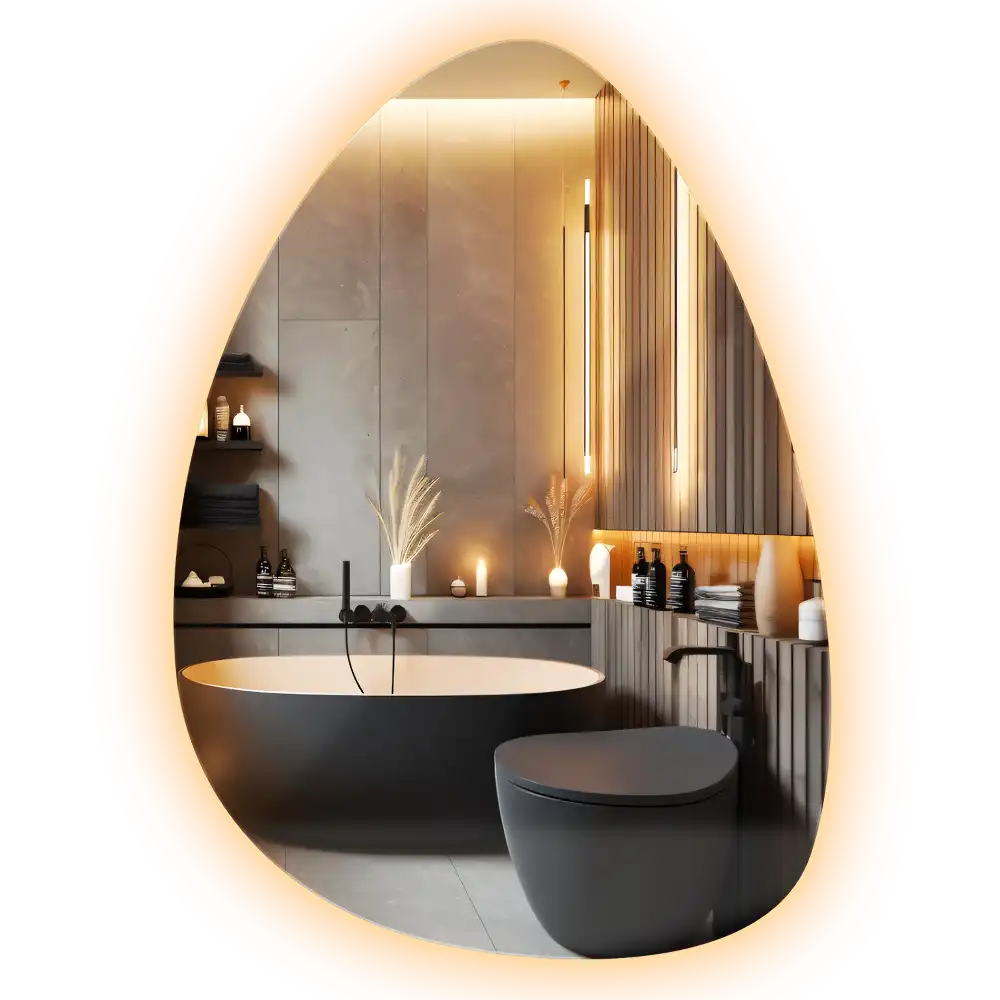 Asymmetrical egg mirror with LED backlight wall mounted