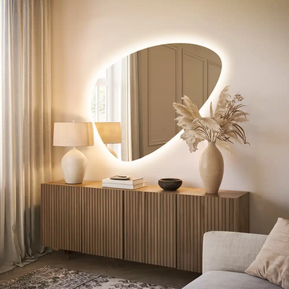 Asymmetrical egg mirror with LED backlight wall mounted