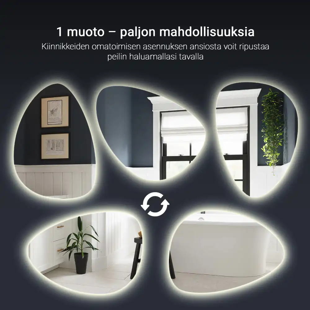 Asymmetrical egg mirror with LED backlight wall mounted
