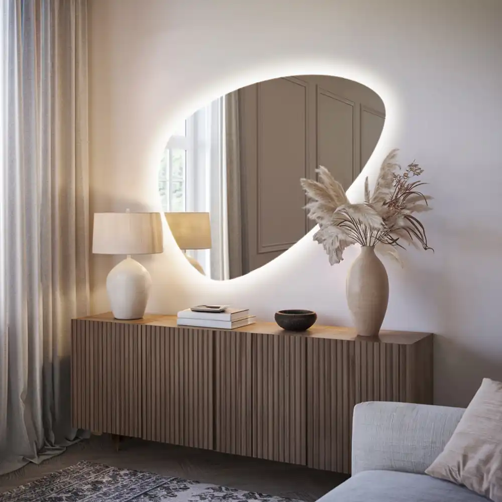 Asymmetrical egg mirror with LED backlight wall mounted