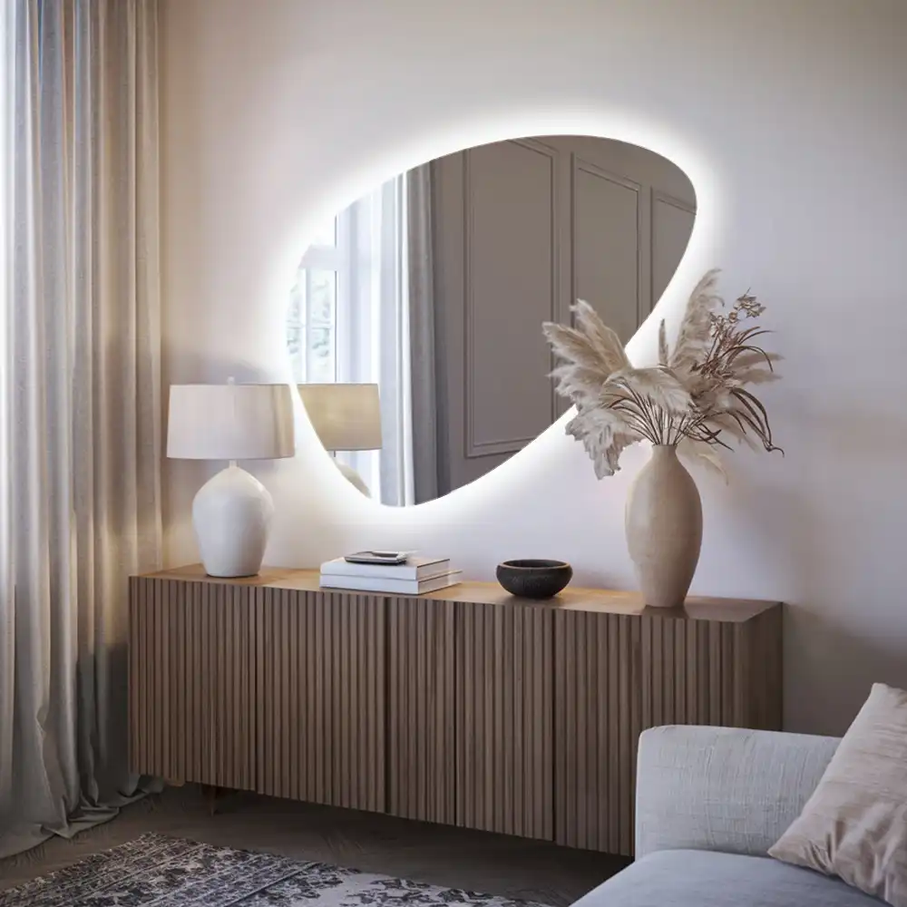 Asymmetrical egg mirror with LED backlight wall mounted