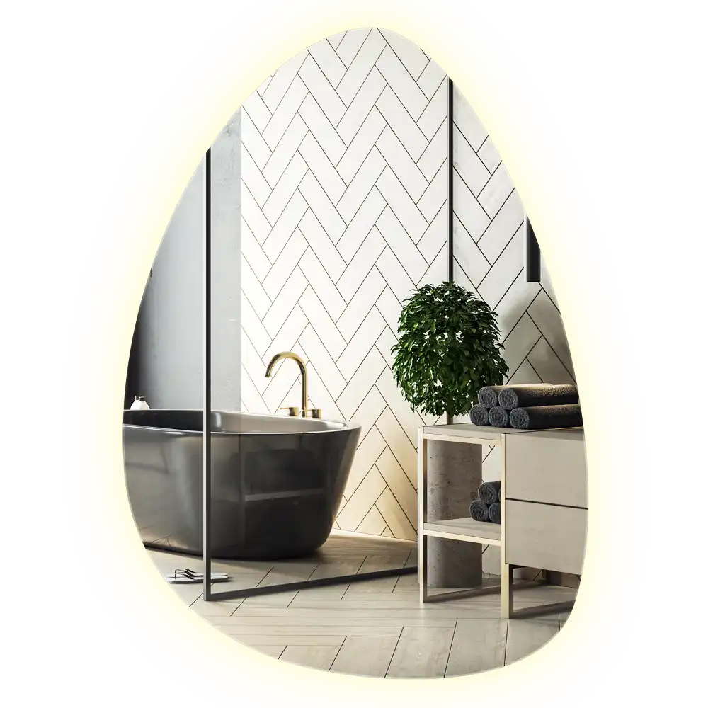 Asymmetrical egg mirror with LED backlight wall mounted