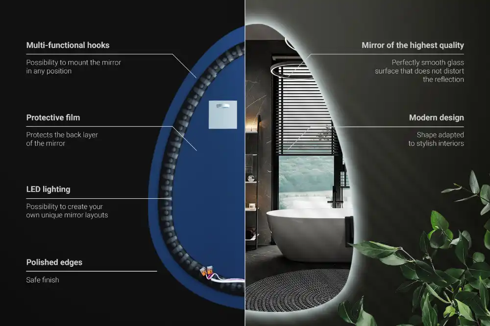 Asymmetrical egg mirror with LED backlight wall mounted