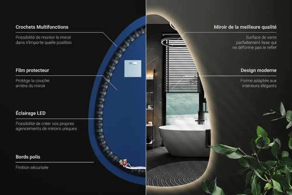 Asymmetrical egg mirror with LED backlight wall mounted