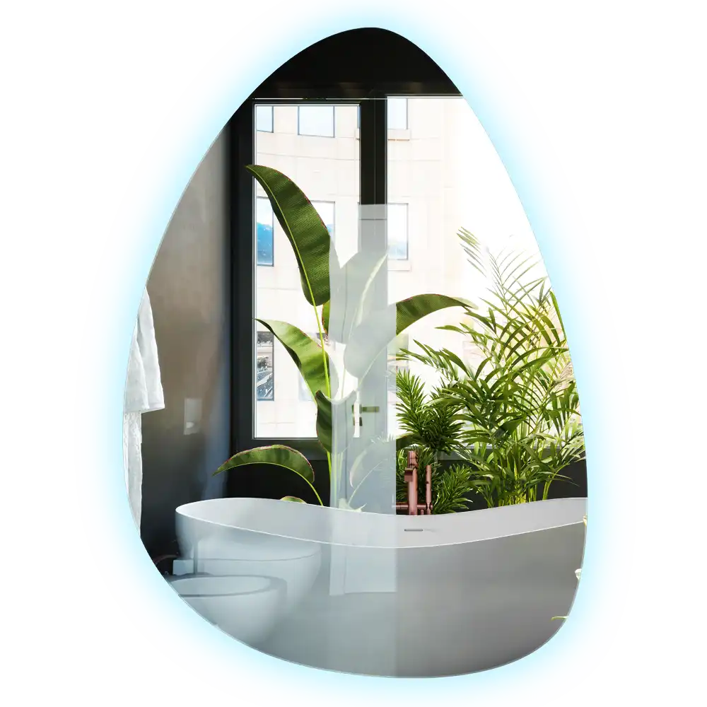 Asymmetrical egg mirror with LED backlight wall mounted