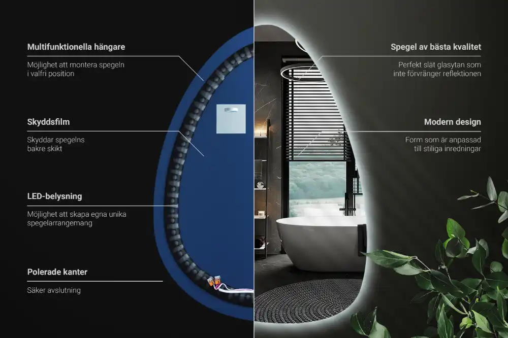 Asymmetrical egg mirror with LED backlight wall mounted