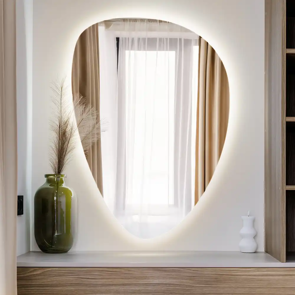 Asymmetrical egg mirror with LED backlight wall mounted