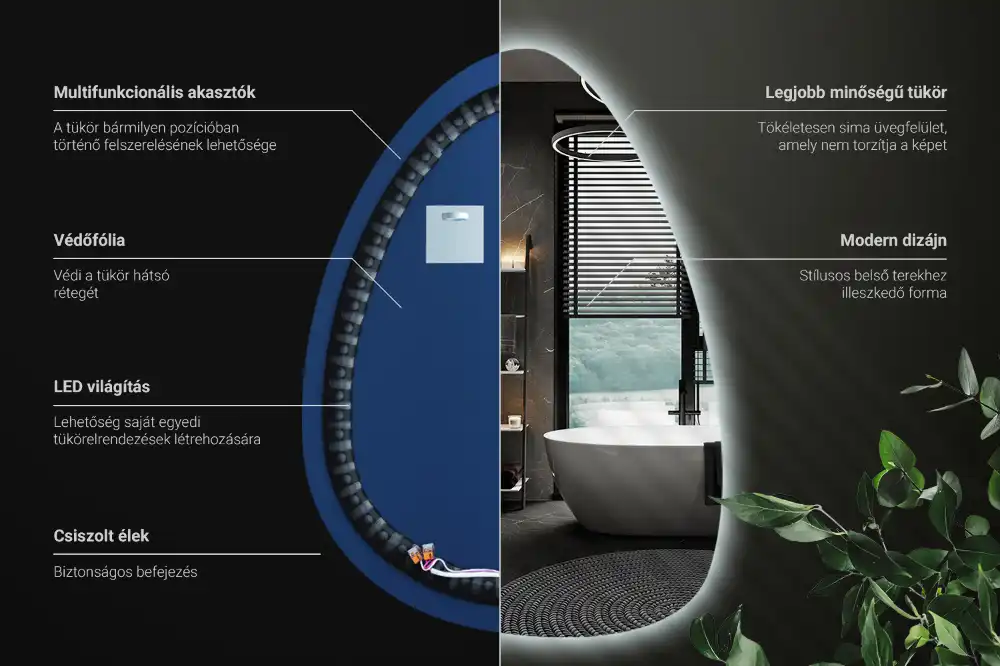 Asymmetrical egg mirror with LED backlight wall mounted
