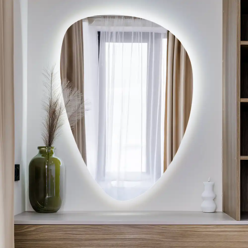 Asymmetrical egg mirror with LED backlight wall mounted