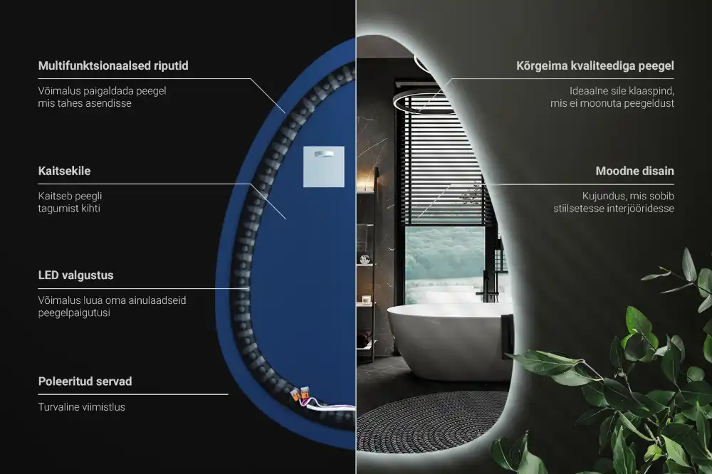 Asymmetrical egg mirror with LED backlight wall mounted