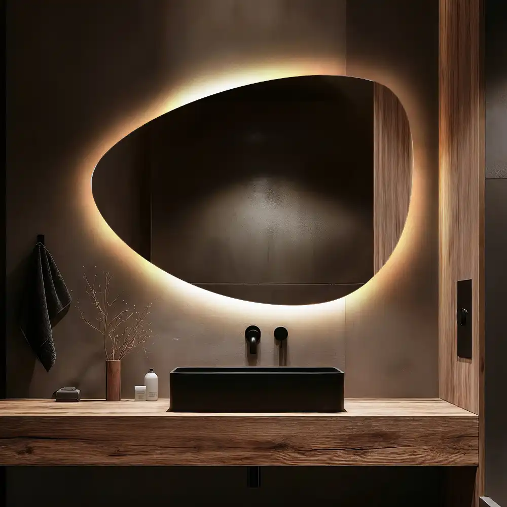 Asymmetrical egg mirror with LED backlight wall mounted