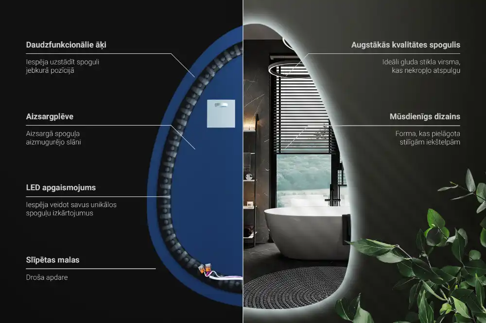 Asymmetrical egg mirror with LED backlight wall mounted