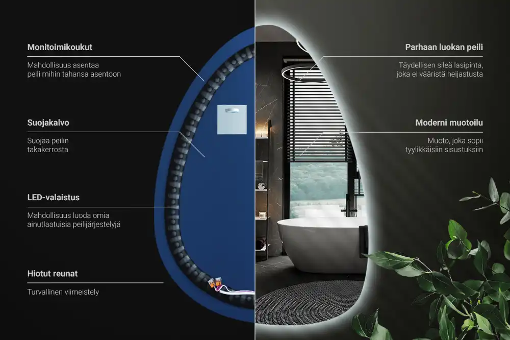 Asymmetrical egg mirror with LED backlight wall mounted