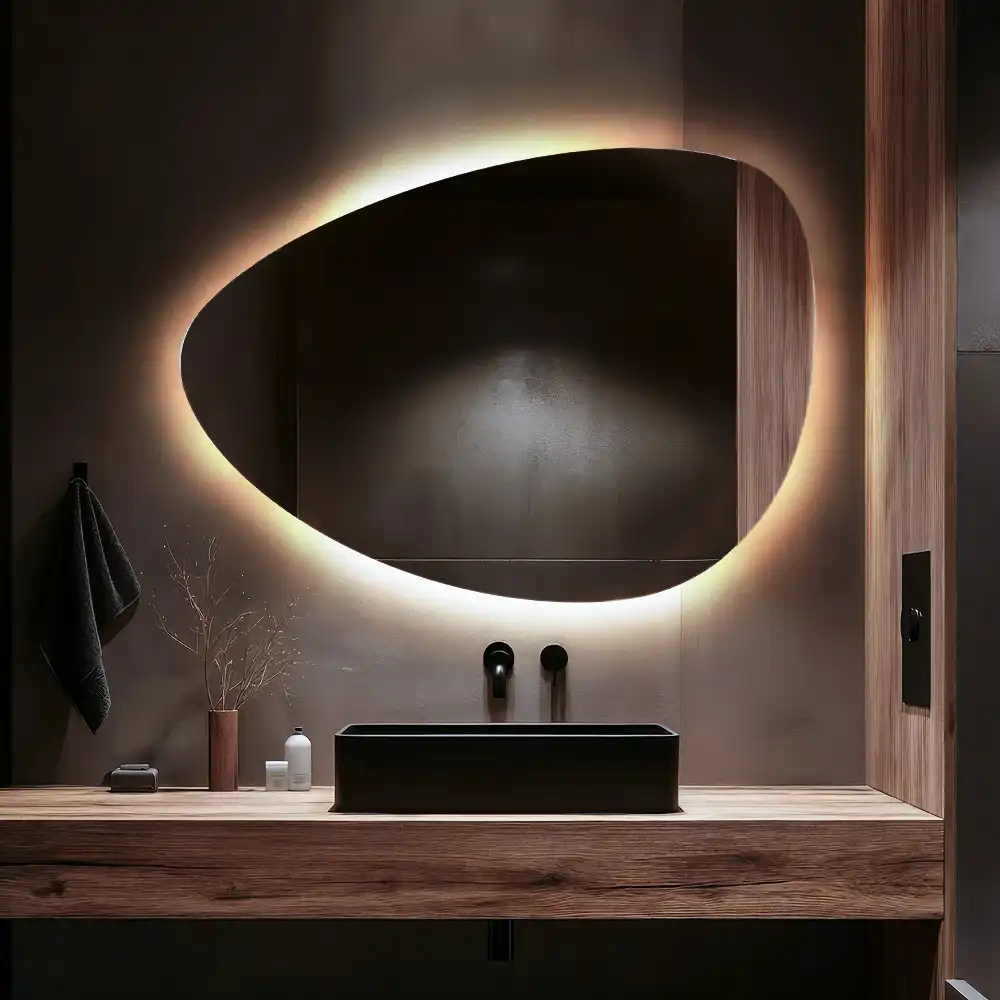 Asymmetrical egg mirror with LED backlight wall mounted