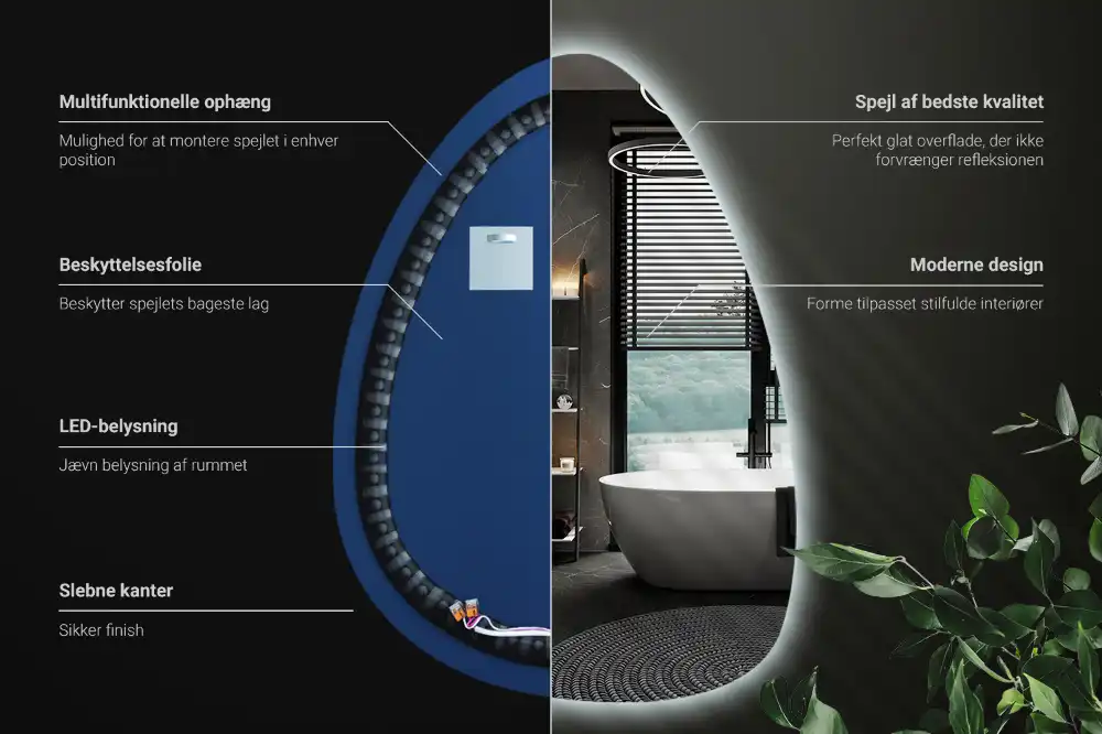 Asymmetrical egg mirror with LED backlight wall mounted