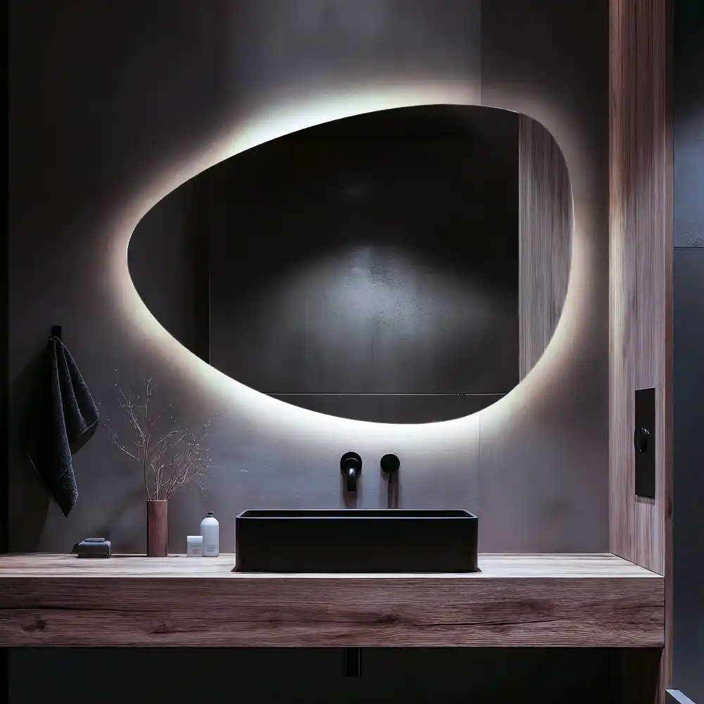 Asymmetrical egg mirror with LED backlight wall mounted
