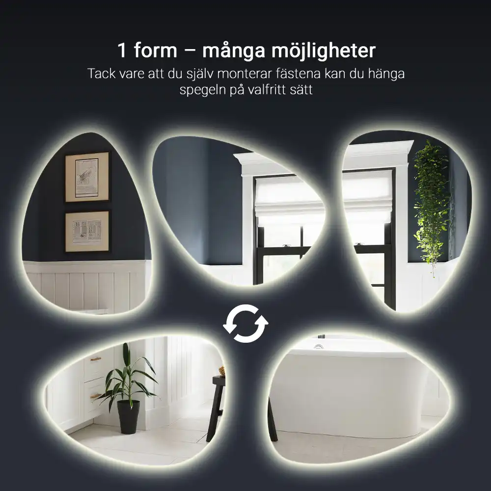 Asymmetrical egg mirror with LED backlight wall mounted