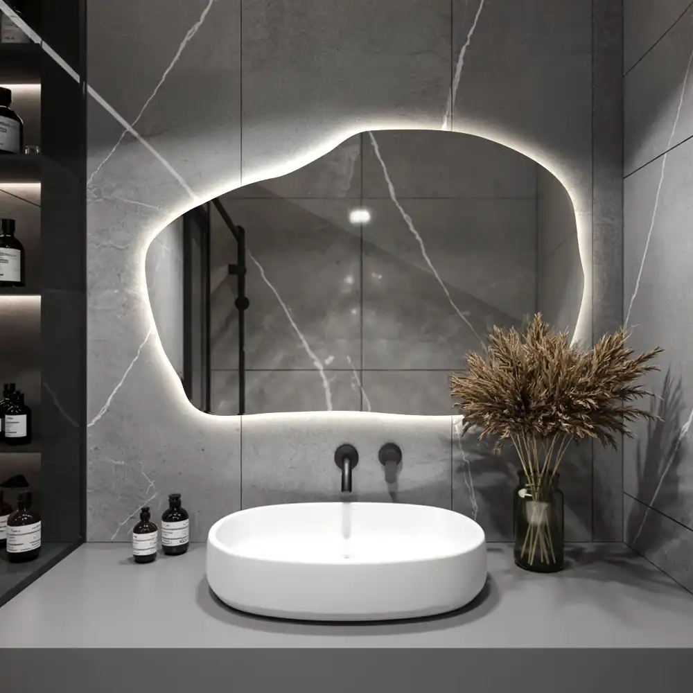 Irregular shaped lighted mirror hanging unique