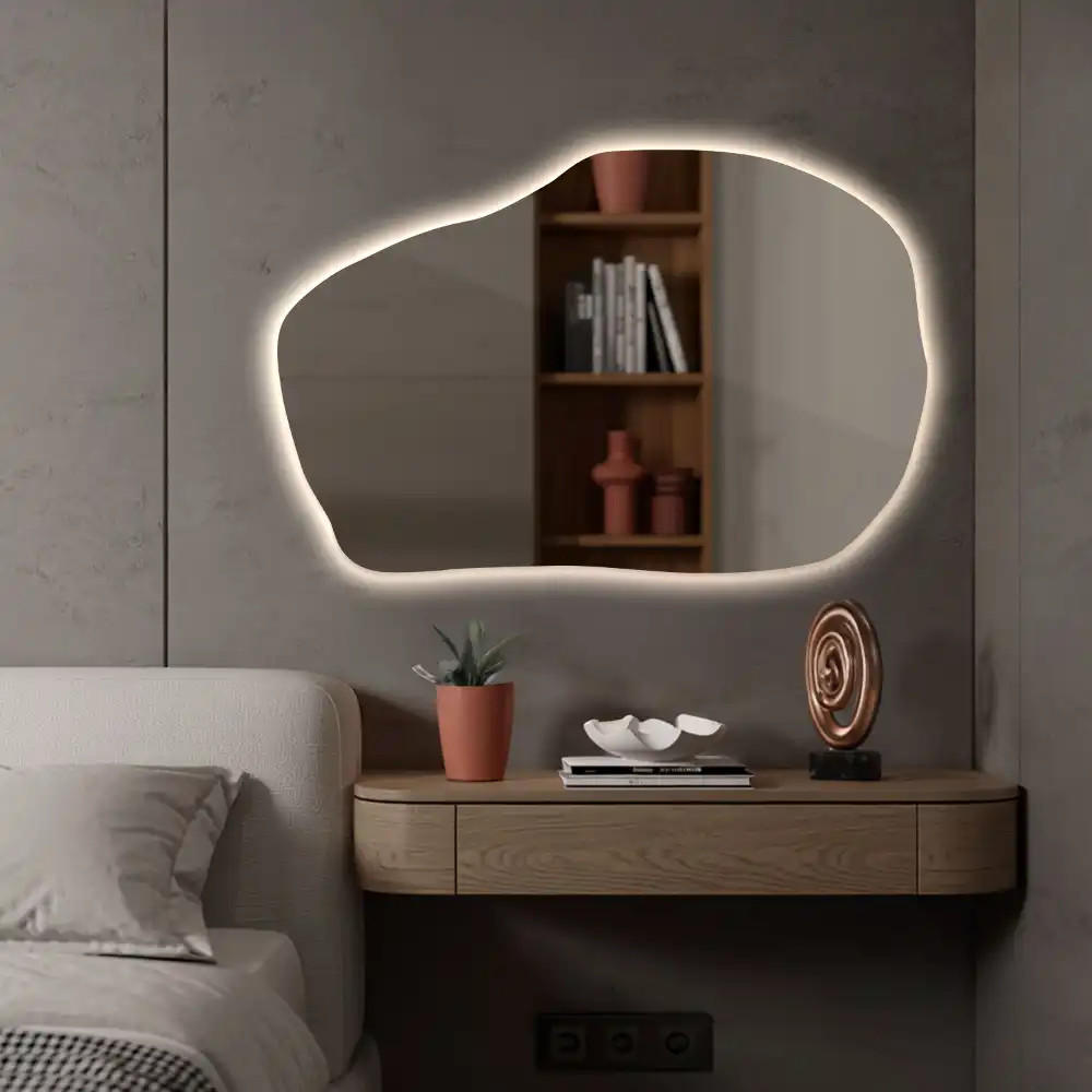 Irregular shaped lighted mirror hanging unique