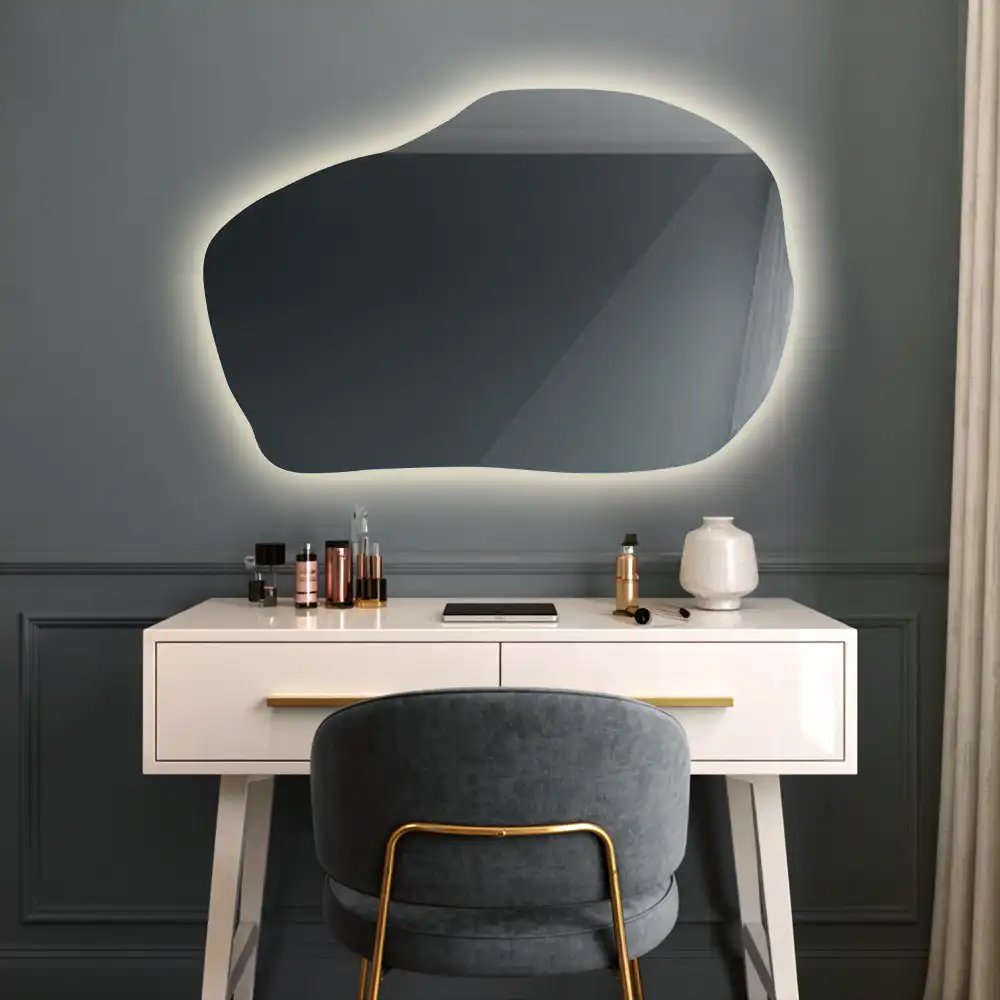 Irregular shaped lighted mirror hanging unique