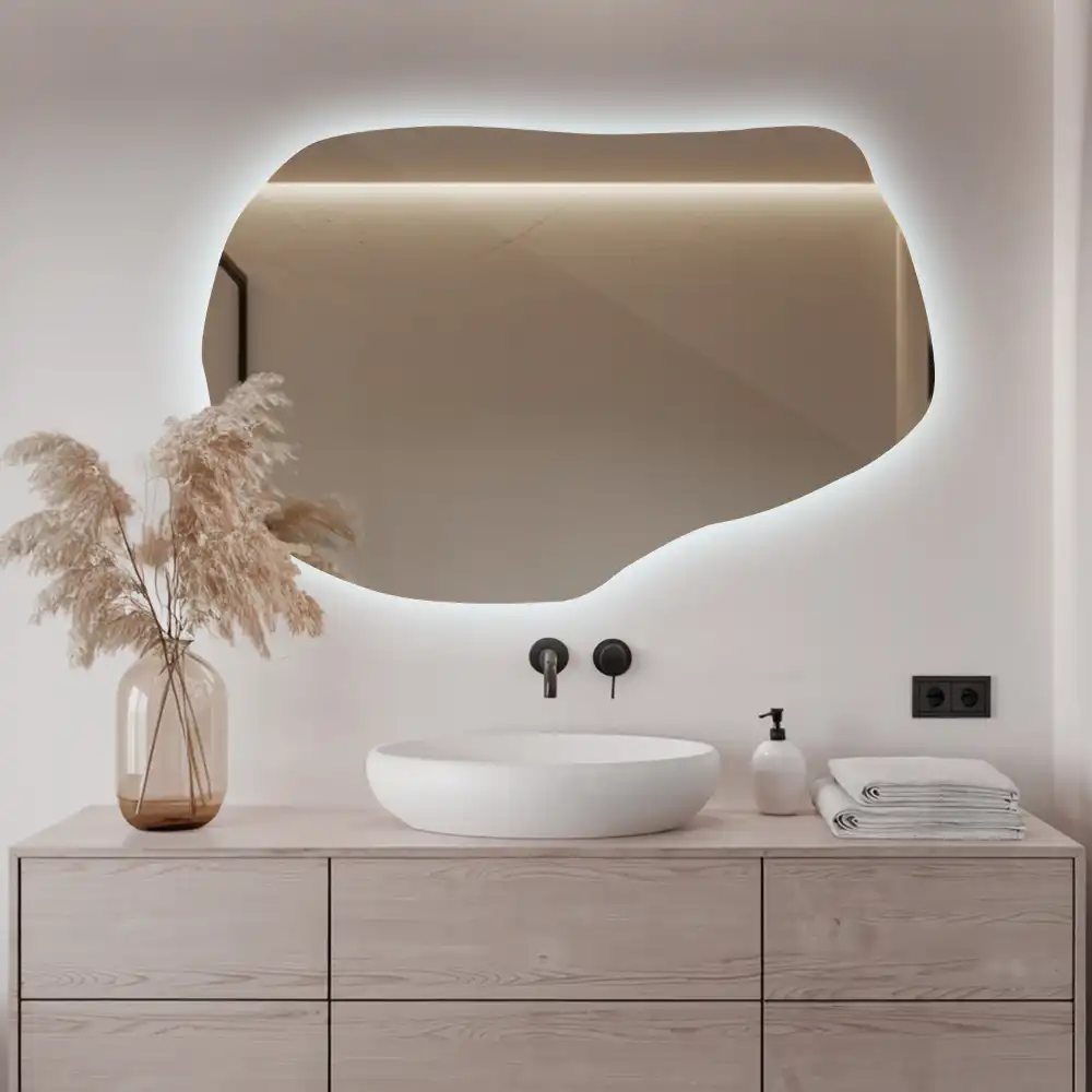 Irregular shaped lighted mirror hanging unique