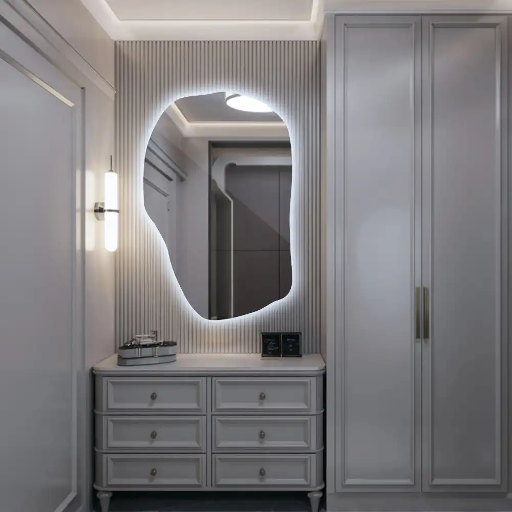 Irregular shaped lighted mirror hanging unique