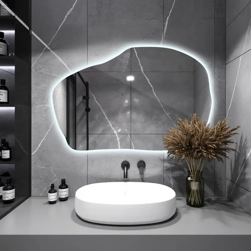 Irregular shaped lighted mirror hanging unique
