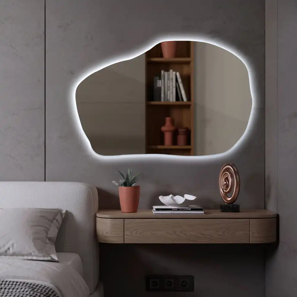 Irregular shaped lighted mirror hanging unique