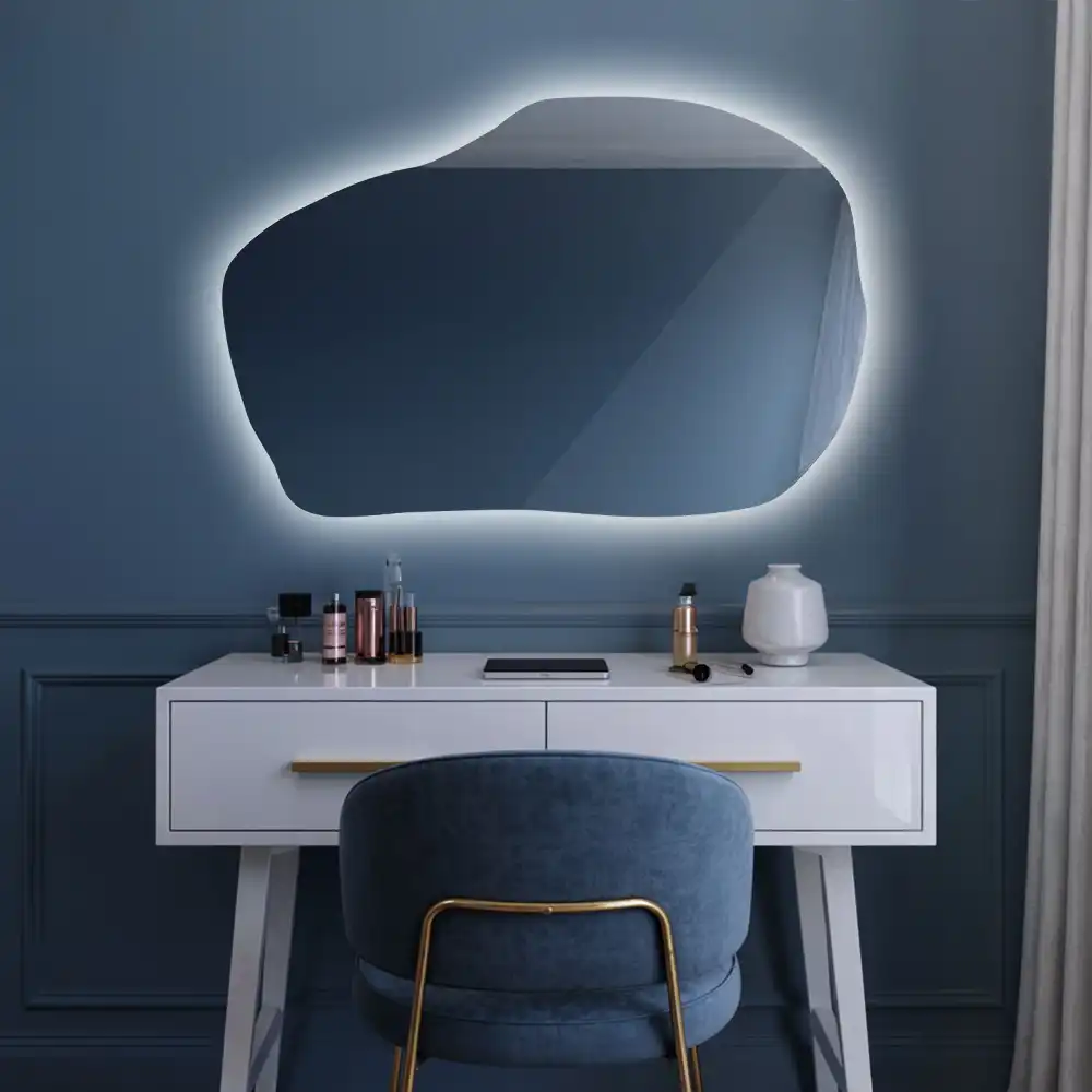 Irregular shaped lighted mirror hanging unique