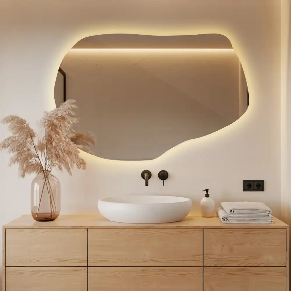 Irregular shaped lighted mirror hanging unique