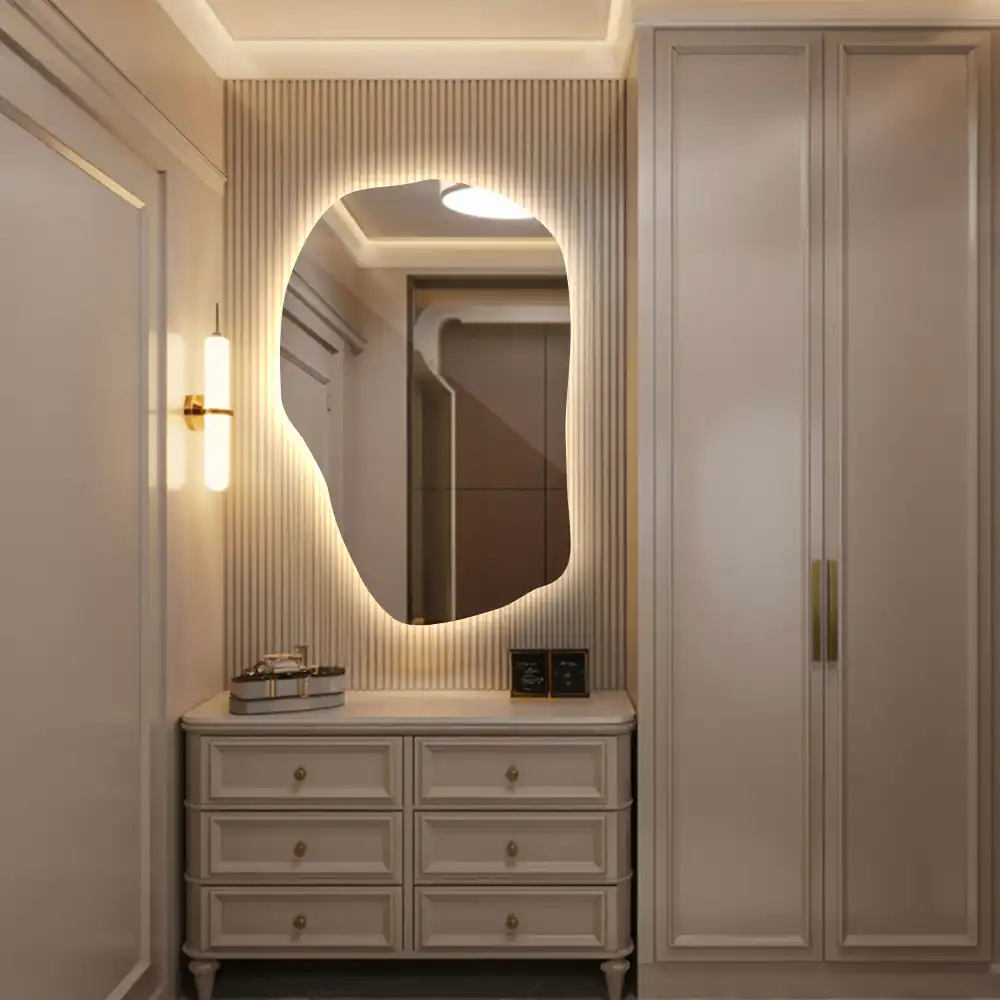 Irregular shaped lighted mirror hanging unique