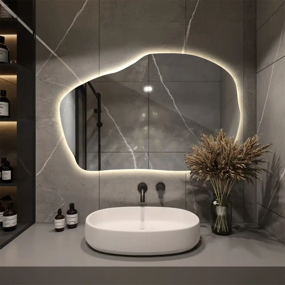 Irregular shaped lighted mirror hanging unique