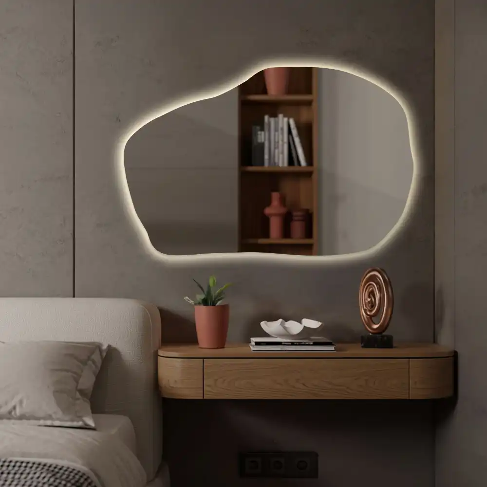 Irregular shaped lighted mirror hanging unique