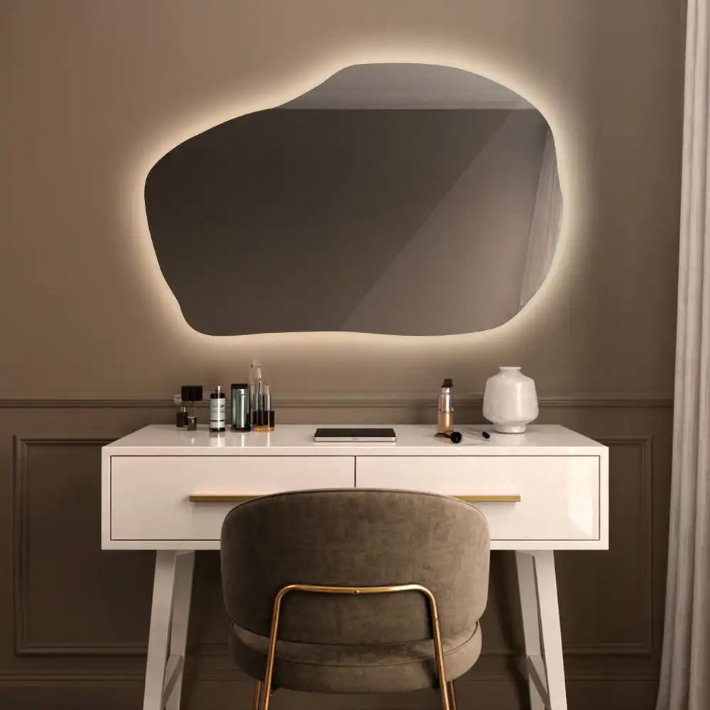 Irregular shaped lighted mirror hanging unique
