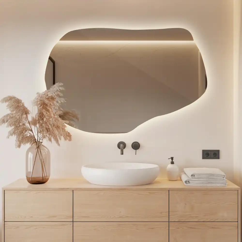 Irregular shaped lighted mirror hanging unique