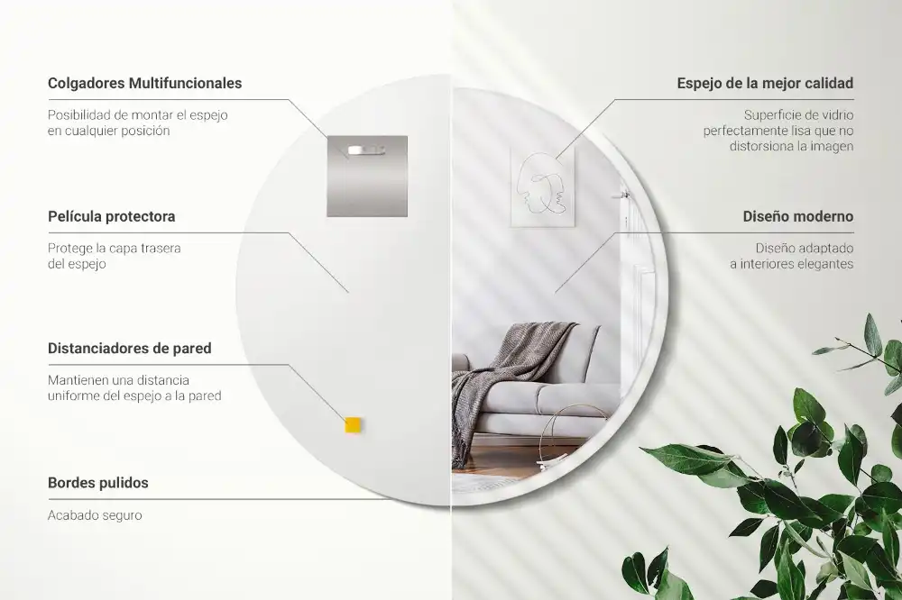 Round mirror hanging in a white frame