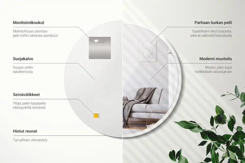 Round mirror hanging in a white frame