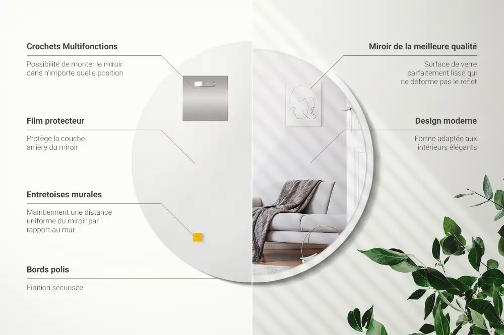 Round mirror hanging in a white frame