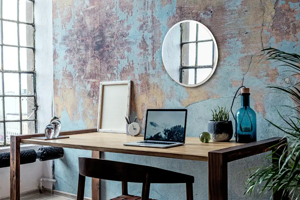 Round mirror hanging in a white frame