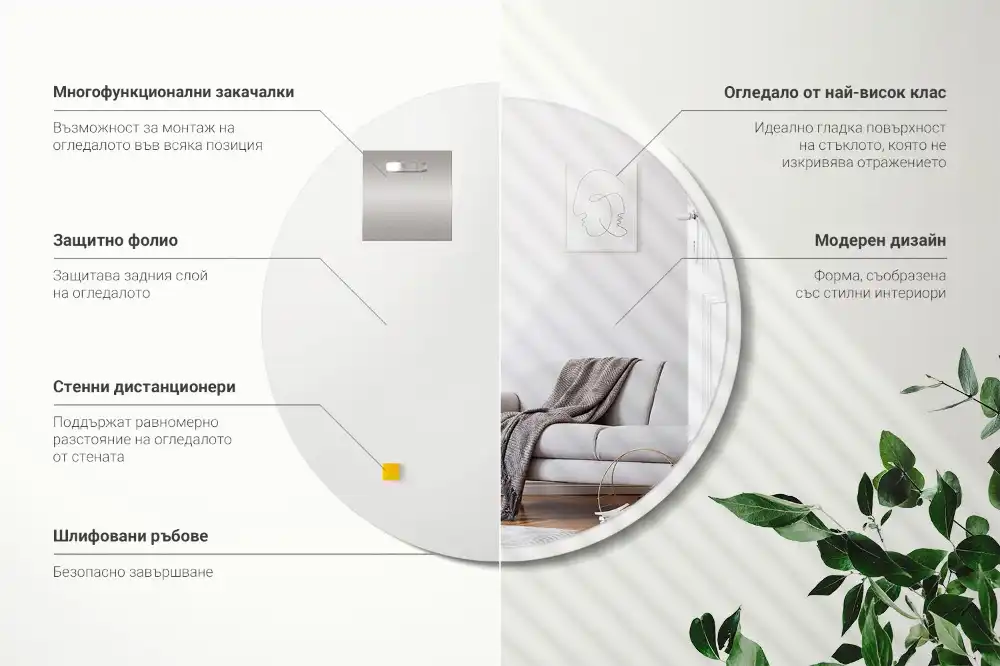 Round mirror hanging in a white frame