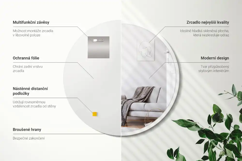 Round mirror hanging in a white frame