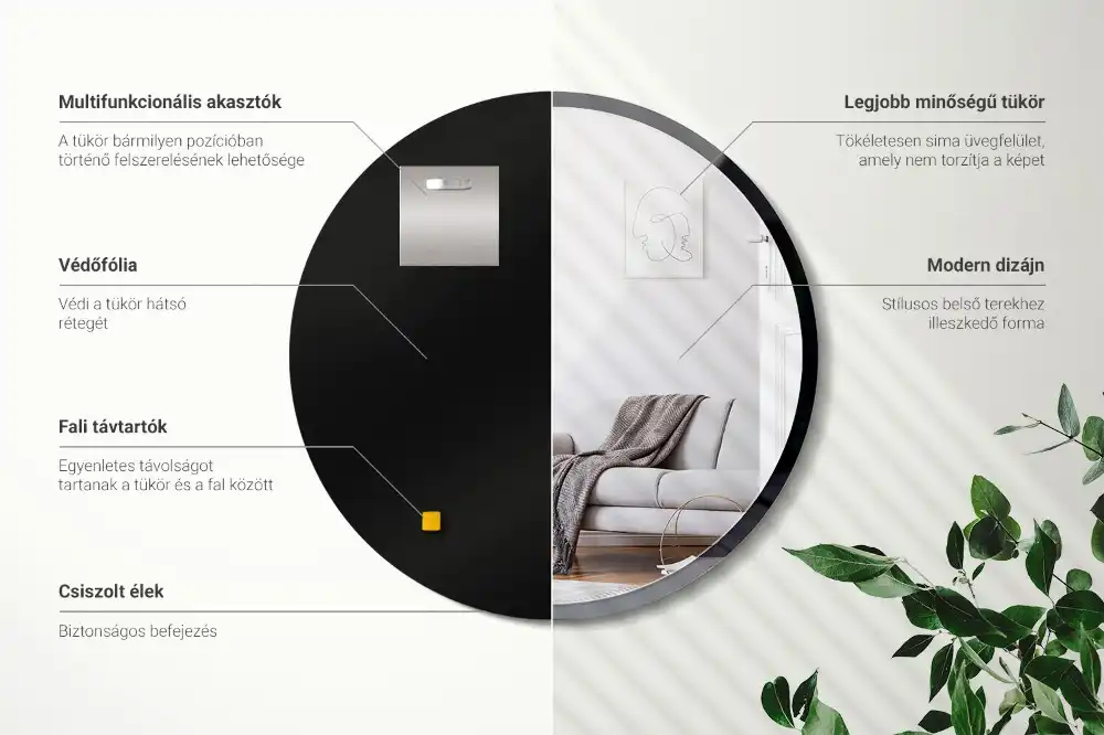 Round mirror hanging in a black frame