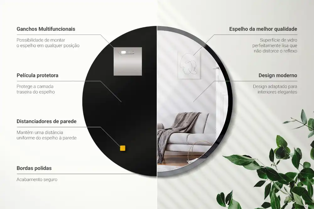 Round mirror hanging in a black frame