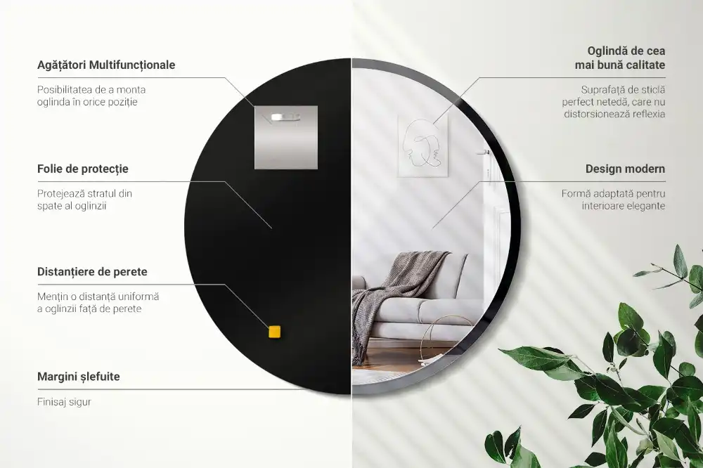 Round mirror hanging in a black frame