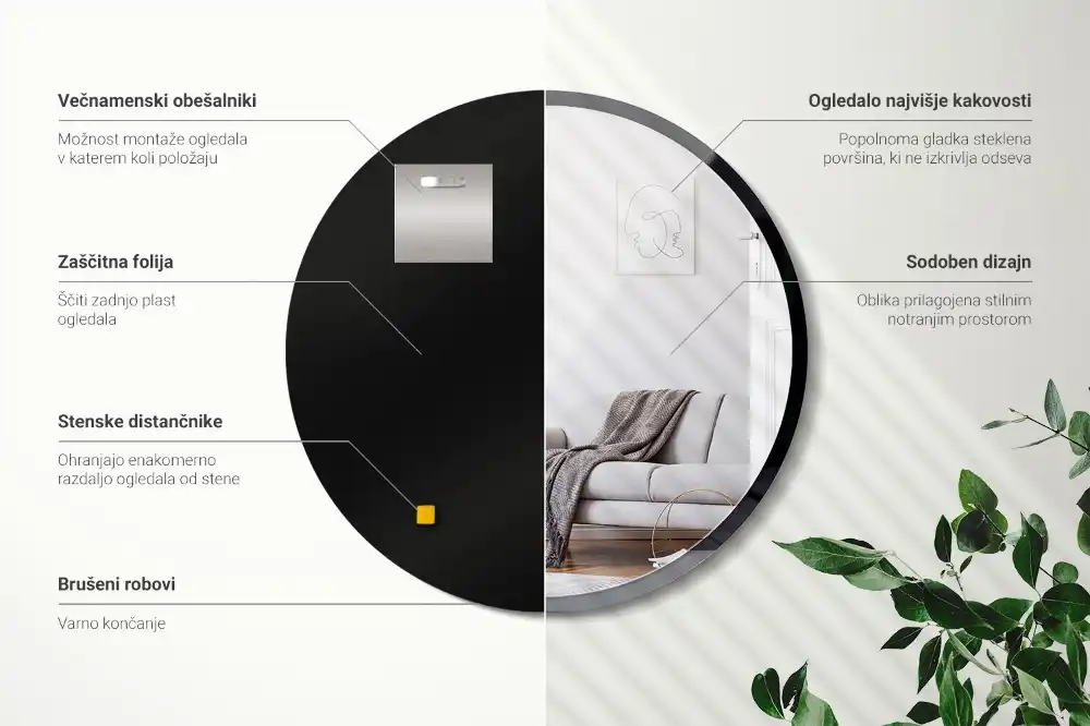 Round mirror hanging in a black frame