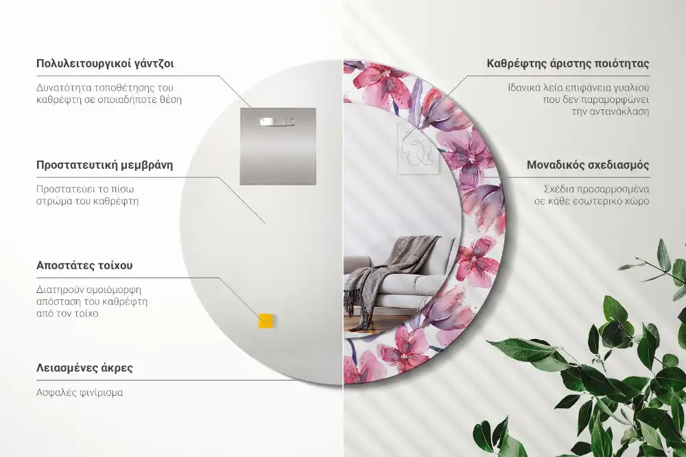 Round decorative mirror Watercolor flowers