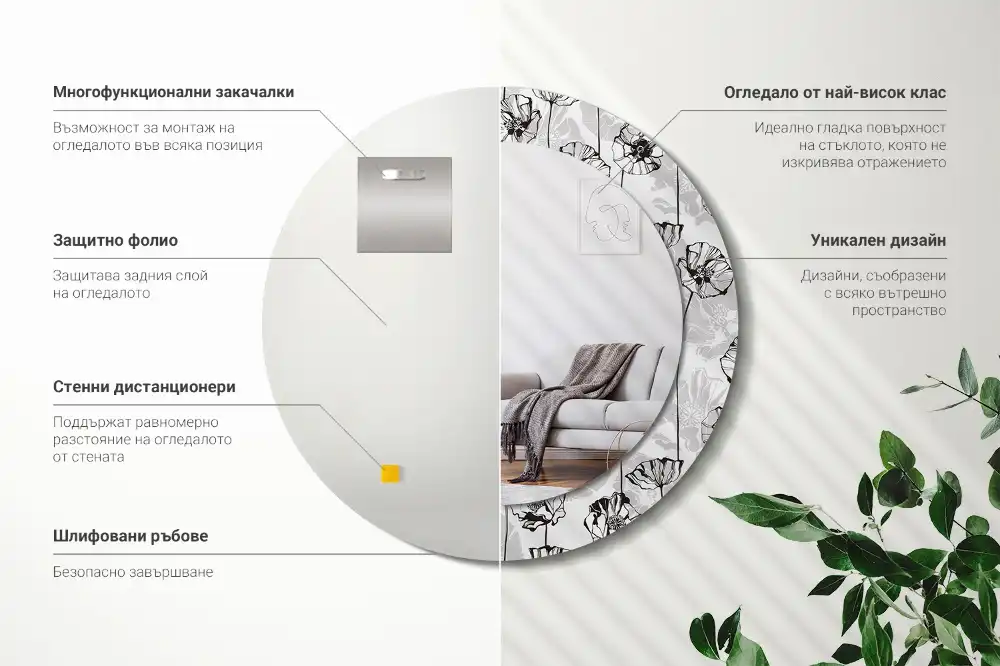 Round printed mirror Poppy flowers