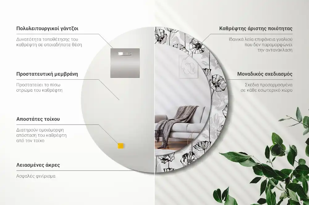 Round printed mirror Poppy flowers