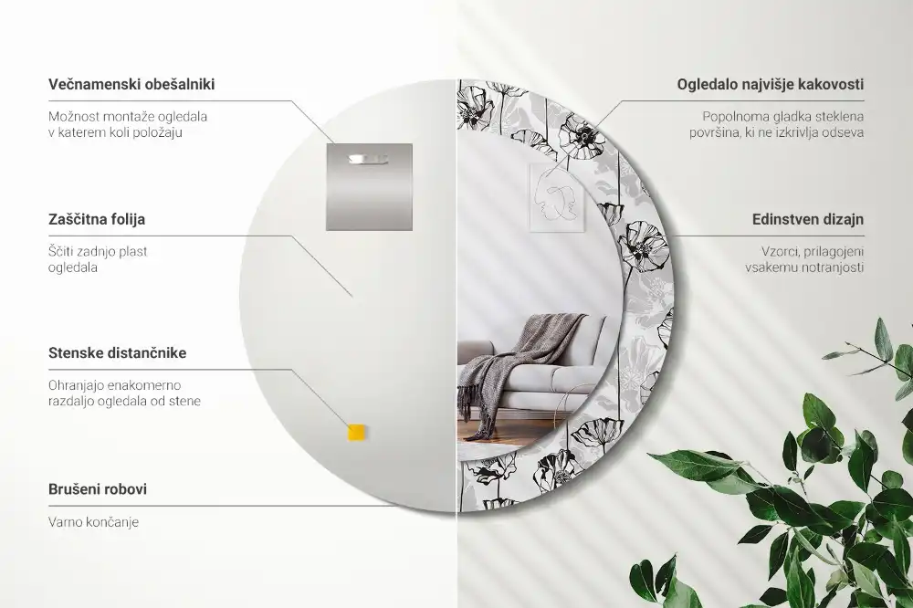 Round printed mirror Poppy flowers