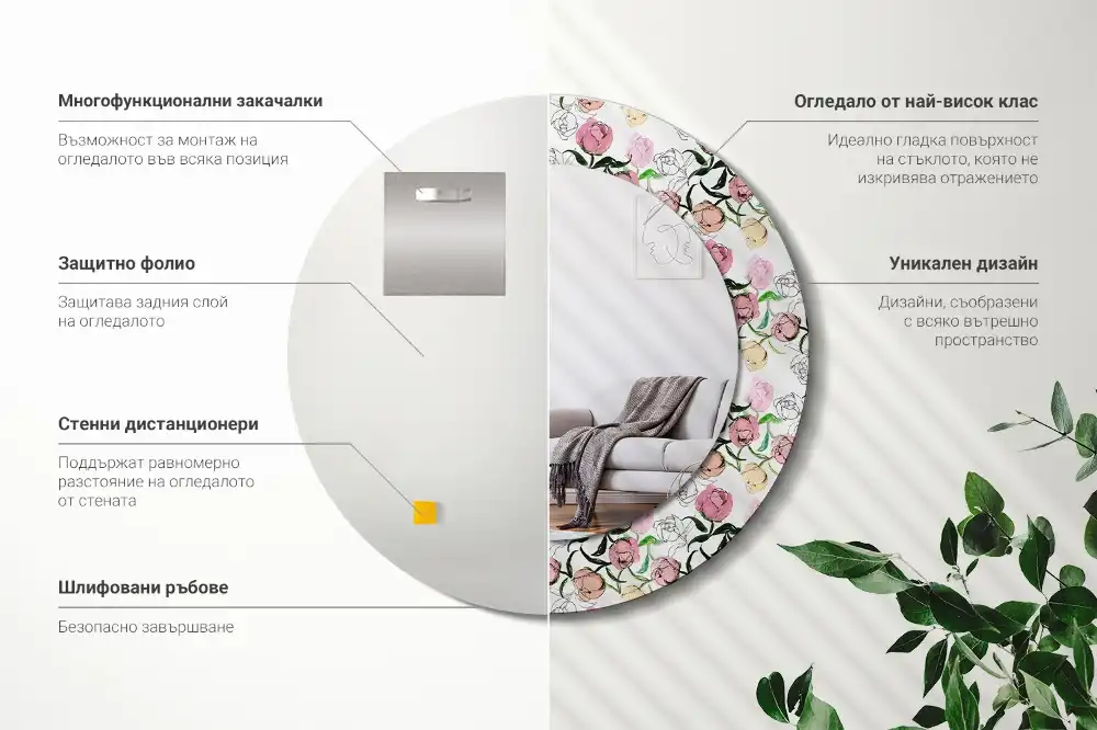 Round wall mirror decor Peony buds